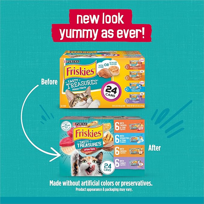 Friskies Purina Wet Cat Food Variety Pack,Tasty Treasures Prime Filets (with Chicken and Tuna,with Chicken,and-with Ocean Fish-and Tuna,and-with Turkey) - 5.5 oz. Cans,(Pack of 48)