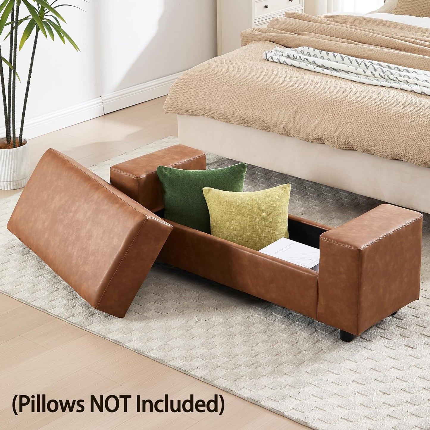 55" End of Bed Storage Bench Ottoman for Bedroom, Faux Leather Upholstered Entryway Bench Long Window Seating for Corner/Living Room/Recption Room/Office/Shop, Brown