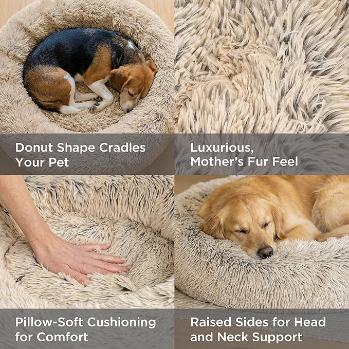 Best Friends by Sheri The Original Calming Donut Dog Bed for Extra-Small Dogs up to 10 lbs, Shag Faux Fur, Taupe, 18" x 18"