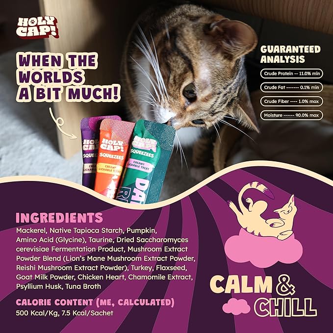 Calm & Chill Grain-Free Lickable Cat Treats, 15 Squeezable Purée Tubes (0.5 oz Each), Mackerel & Turkey Flavor, Creamy Cat Purée with Clean Ingredients, Hand-Fed Treat or Meal Topper