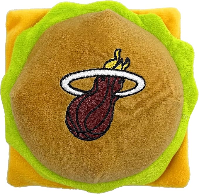 Pets First NBA Miami Heats Cheese Burger Plush Dog & CAT Squeak Toy - Cutest Stadium HAMBERGER Snack Plush Toy for Dogs & Cats with Inner Squeaker & Beautiful Basketball Team Name/Logo, Team Color