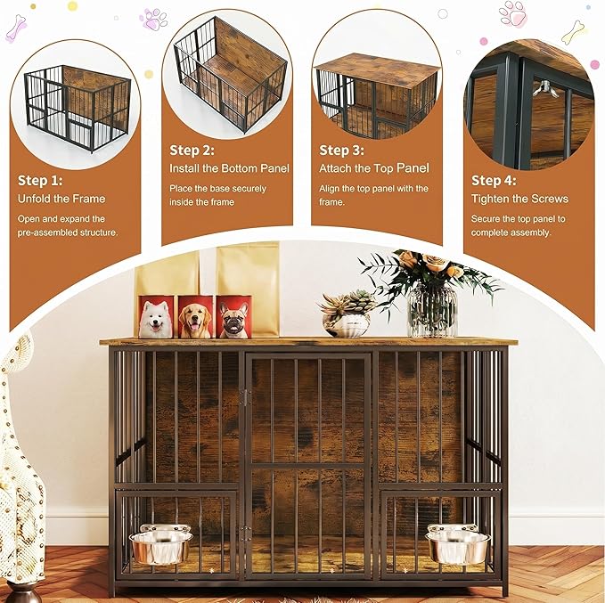 Hadulcet Foldable Dog Crate Furniture, 41'' No Assembly Indoor Dog Kennel with Storage Top, Wooden Dog Crate Table for Small to Medium Dogs, Furniture Style Dog Cage with 2 Bowls Rustic Brown