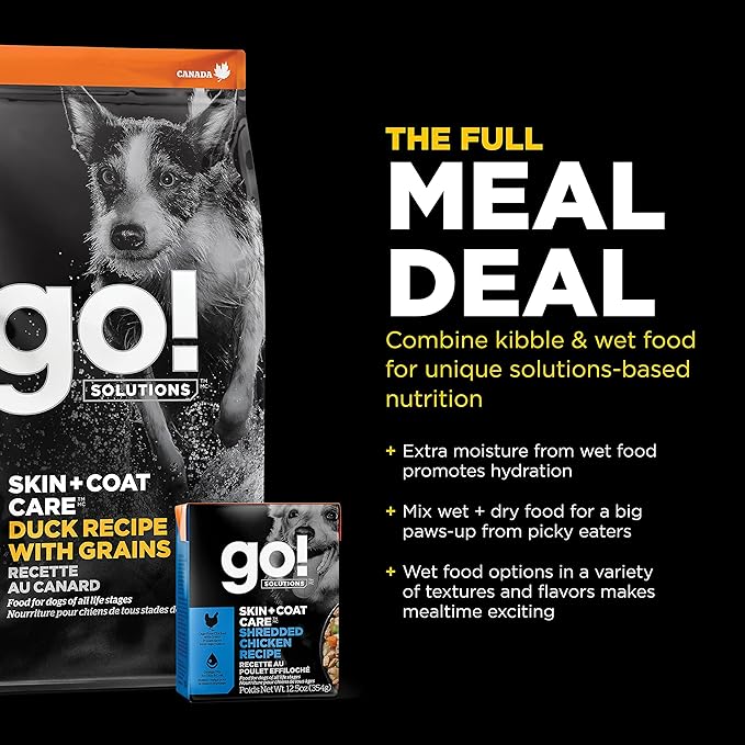 Go! Solutions Skin + Coat Care Duck Dry Dog Food with Grains, Chicken-Free, Healthy Kibble with Omega-3s & 6s for Soft, Shiny Fur, for Puppies, Adults, & Seniors, 22 lb Bag
