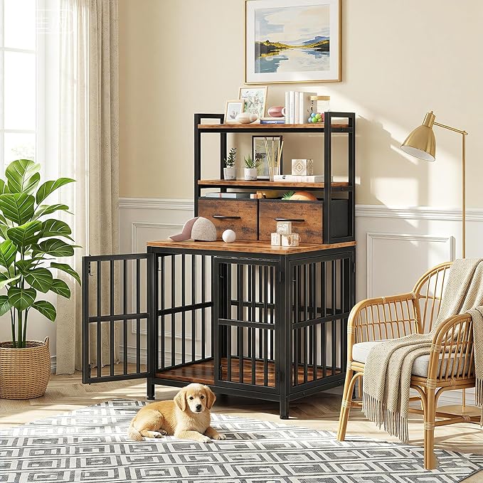 HIGDBFE Dog Crate Furniture with Drawer & Shelf, 25.5" Small Dog Crate with Lockable Doors, Indoor Dog Kennel Furniture for Medium, Small Dogs, Anti-Chew Dog Cage with Storage, Rustic Brown, 43.7" H