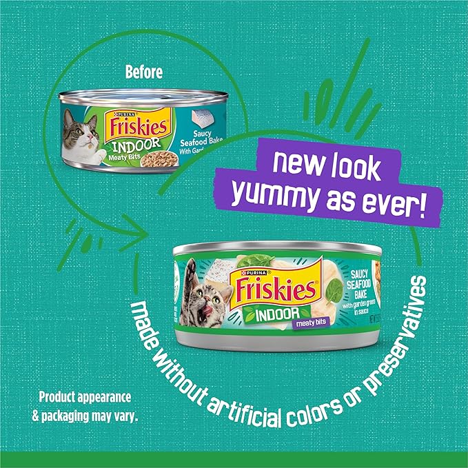 Friskies Purina Indoor Cat Food Meaty Bits Saucy Seafood Bake with Garden Greens in Sauce - 5.5 oz. Cans (Pack of 48)