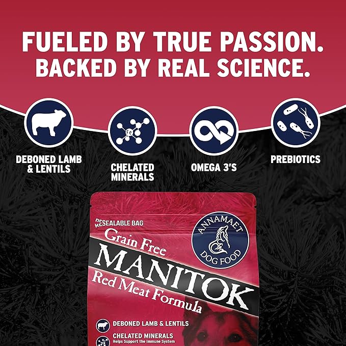 Annamaet Grain-Free Manitok Red Meat Formula Dry Dog Food, (Fresh Lamb), 12-lb Bag