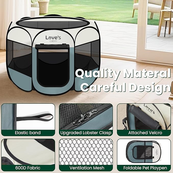 Love's cabin Pet Puppy Dog Playpen, Large Dog Tent Crates Cage Indoor/Outdoor, Portable Playpen for Cat, Foldable Pop Up Dog Kennel Playpen with Carring Case, Removable Zipper Top, Moss Green