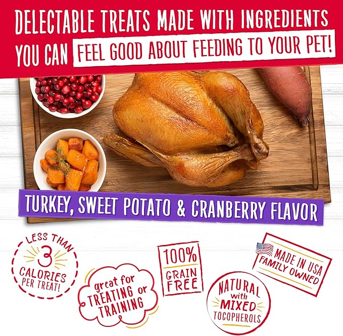 Charlee Bear Crunch Grain Free Dog Treats, Turkey, Sweet Potato and Cranberry, 8 Ounce Resealable Bag, Low Calorie Training Treats for Dogs, Limited Ingredient, Crunchy Dog Snacks, Made in USA