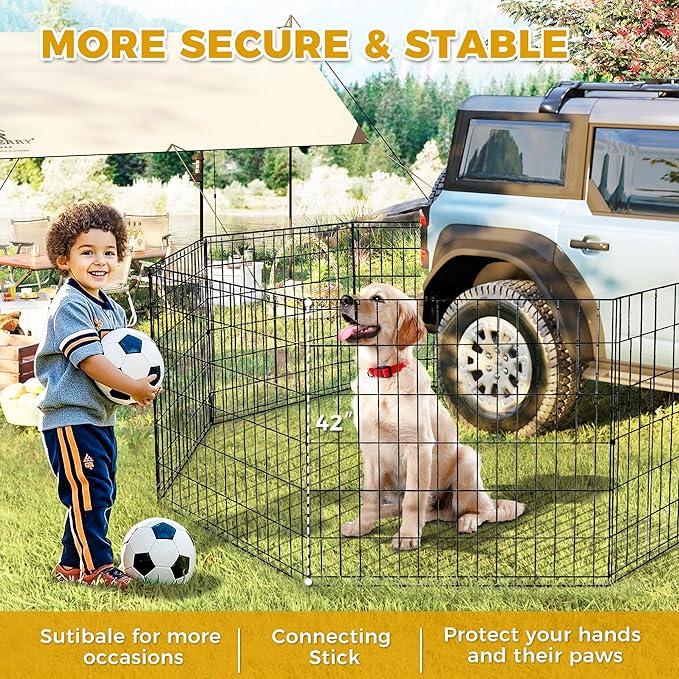PAWZ Road Dog Playpen Foldable Metal Dog Fence Outdoor/Indoor Use Portable Design for RV and Camping- 8 Panels (24" Wide Each), 42 inch Height for Small Dogs Puppy Large Dogs
