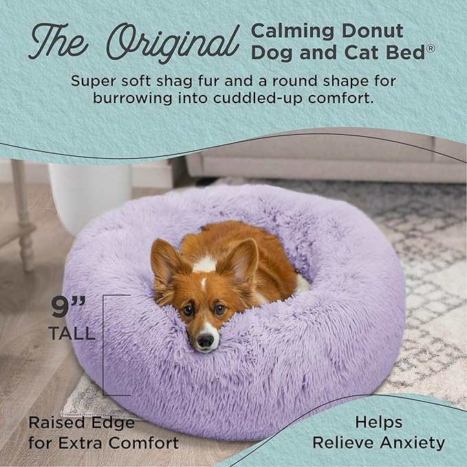 Best Friends by Sheri The Original Calming Donut Dog Bed for Medium Dogs up to 45 lbs, Shag Faux Fur, Lavender, 30" x 30"