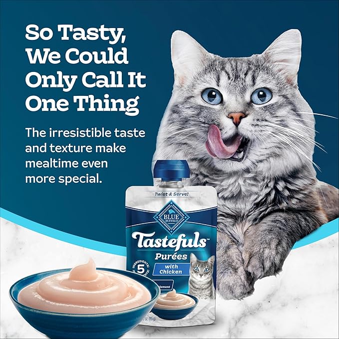 Blue Buffalo Tastefuls Purées with Chicken, Natural Cat Food Complement, Resealable Twist Cap Pouches, 3-oz (12 Count)