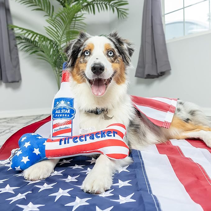 Huxley & Kent for Dogs | Lil' Firecracker Bone (Small) | 4th of July Funny Dog Toy | Power Plush Dog Toy with Squeaker | Dog Gift | Fun, Durable, and Safe | H&K Squeaky Dog Toy
