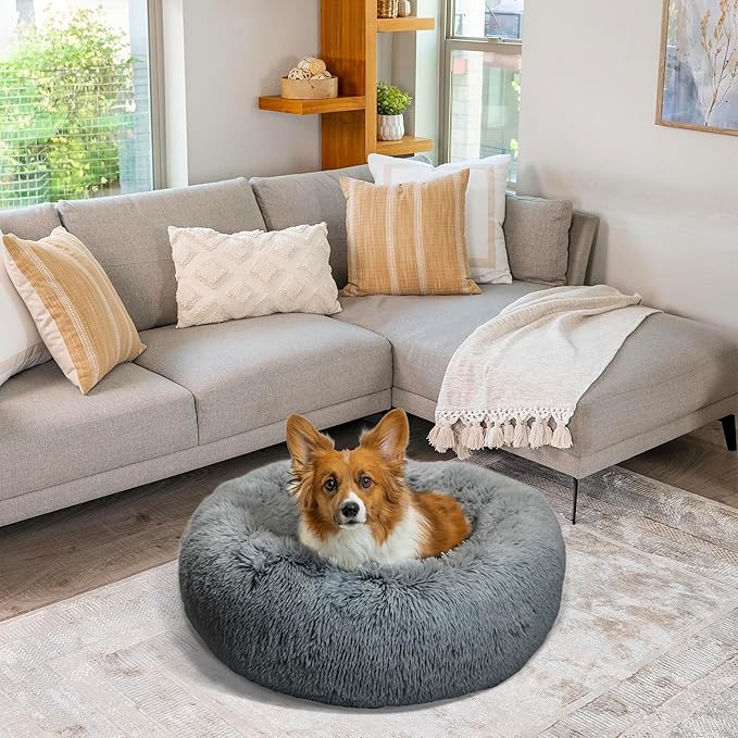 Best Friends by Sheri The Original Calming Donut Dog Bed for Medium Dogs up to 45 lbs, Shag Faux Fur, Gray, Medium, 30" x 30"