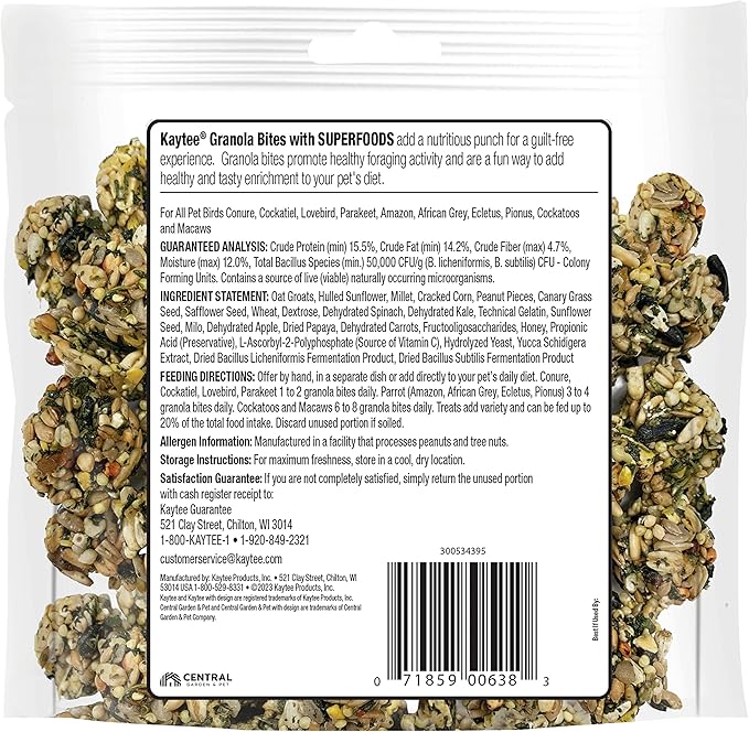 Kaytee Granola Bites with Super Foods Spinach and Kale for Pet Birds, Conure, Cockatiel, Lovebird, Parakeet, Amazon, African Grey, Ecletus, Pionus, Cockatoos and Macaws, 4.50 Ounce (Pack of 2)