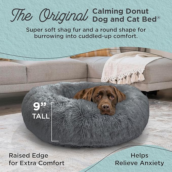 Best Friends by Sheri The Original Calming Donut Dog Bed for Large Dogs up to 100 lbs, Shag Faux Fur, Gray, Large, 36" x 36"