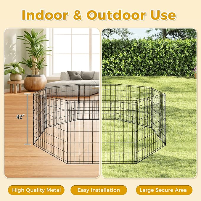 PAWZ Road Dog Playpen Foldable Metal Dog Fence Outdoor/Indoor Use Portable Design for RV and Camping- 8 Panels (24" Wide Each), 42 inch Height for Small Dogs Puppy Large Dogs