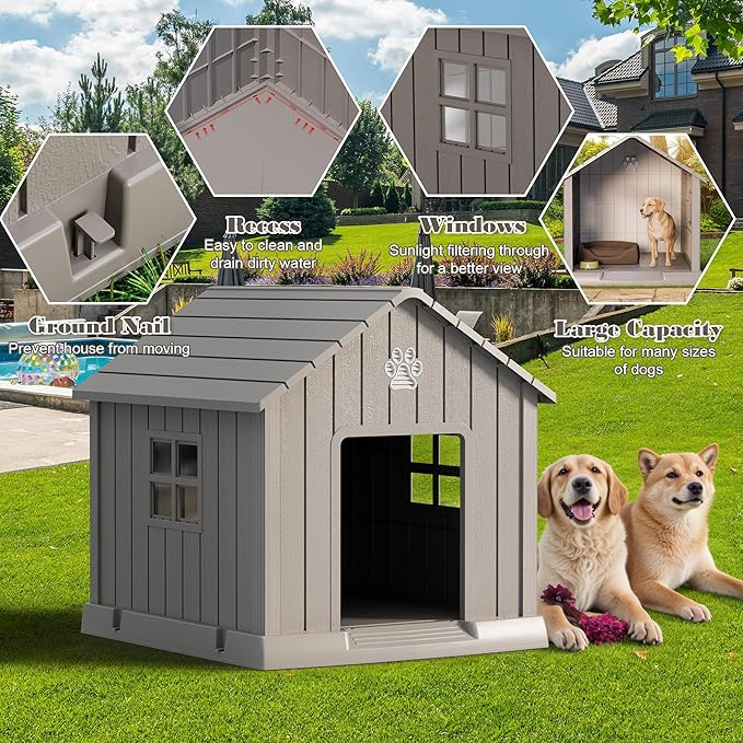 Bifanuo Dog House for Outdoor & Indoor Use with Window, Waterproof Ventilated Kennel with Elevated Floor, Easy to Clean Shelter for Small Medium Large Dogs (Grey, 37.2" L x 40" W x 40" H)