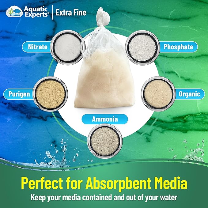 Aquatic Experts Extra Fine Aquarium Media Bag, Durable Drawstring Bags for Fish Tank Filters,150 Micron Mesh, (Extra Fine, 5" x 9" - 4 Pack)