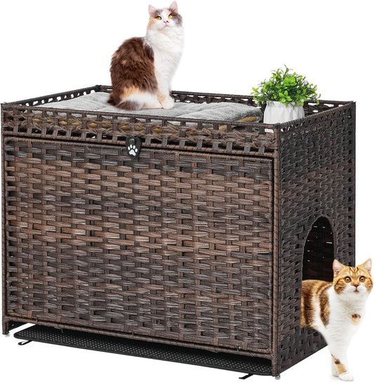 Cat Litter Box Enclosure with Soft Litter Mat; Hidden Cat Washroom Furniture with Door; Handwoven Rattan Cat House with Large Space; Pet Crate for Living Room, Bedroom, Balcony (Brown)