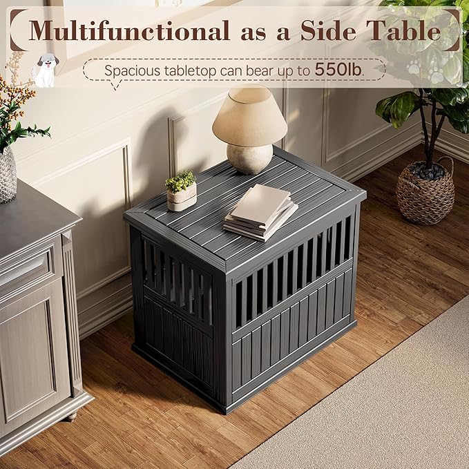 Fancyango Dog Crate Furniture End Table - Decorative Corner Dog House Table for Small to Medium Dogs, Indoor Plastic Dog Crate with Lockable Latch (Black1, 29.5" L x 21" W x 25.2" H)