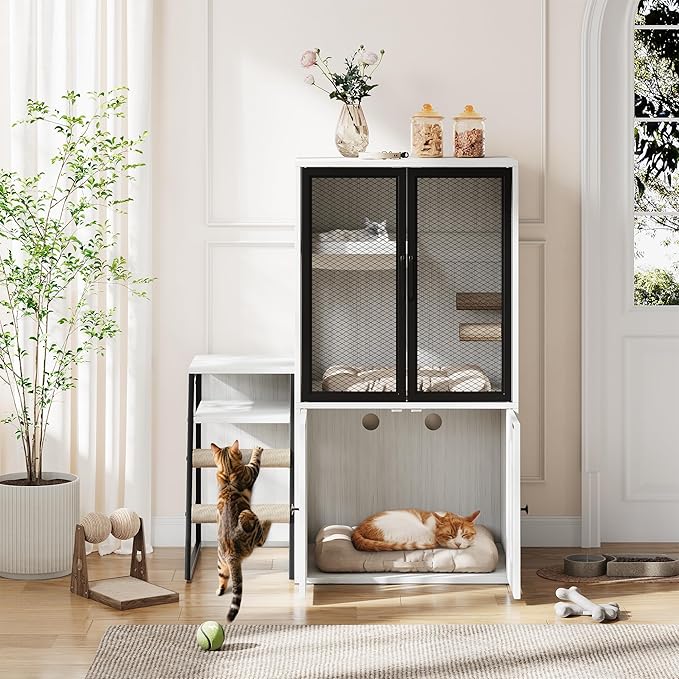 GarveeLife Cat Litter Box Enclosure with Doors, Double Cat House with Storage Space, Enclosed Litter Box Furniture with Ladder, Retro White