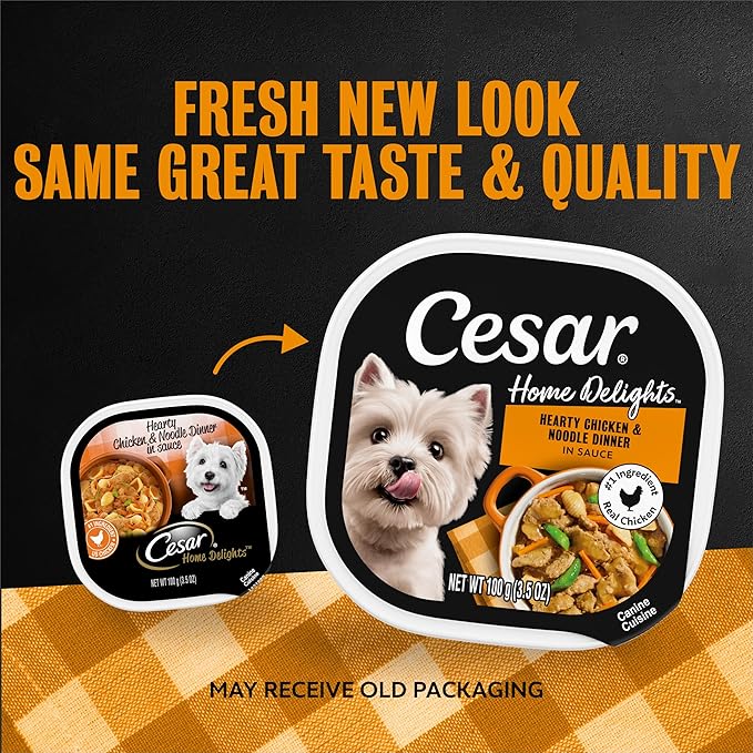 Cesar Home Delights Adult Wet Dog Food Hearty Chicken & Noodle Dinner in Sauce, 3.5 oz. Easy Peel Dog Food Tray, 24 Count (Pack of 1)