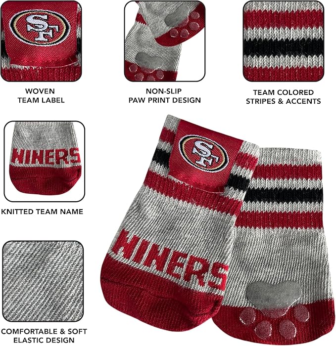 NFL SAN Francisco 49ERS Anti Slip Dog Socks with Elastic Ribbed Top, Size X-Small/Small. Indoor/Outdoor Socks, Best Dog Paw Protector, 2 Pairs, Cool Puppy Supplies with NFL Logo of 49ERS Team