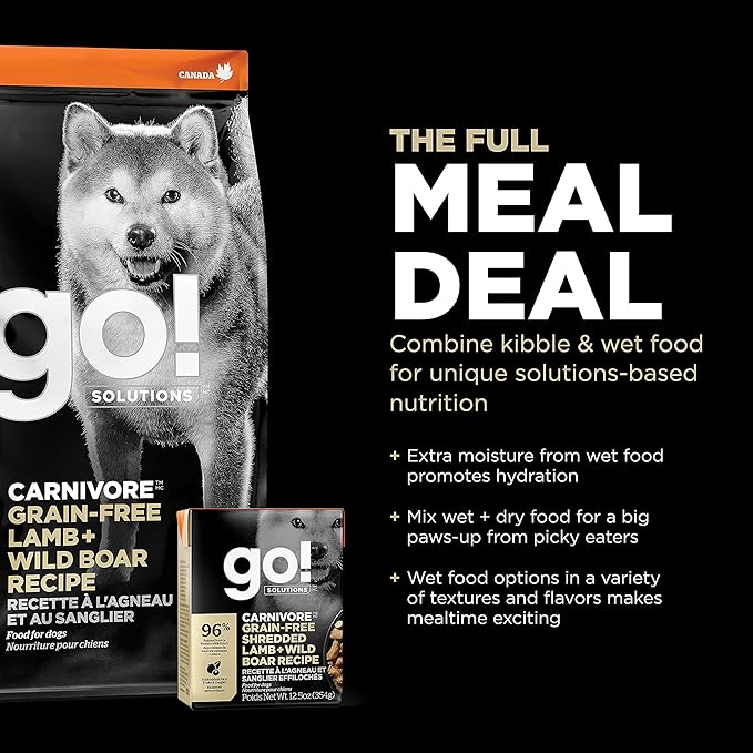 Go! Solutions Carnivore Lamb + Wild Boar Grain-Free Dry Dog Food, Our Highest-Protein Kibble Made with Real Meat, Pumpkin & Probiotics for Good Digestion, for Puppies, Adults & Seniors, 3.5 lb Bag