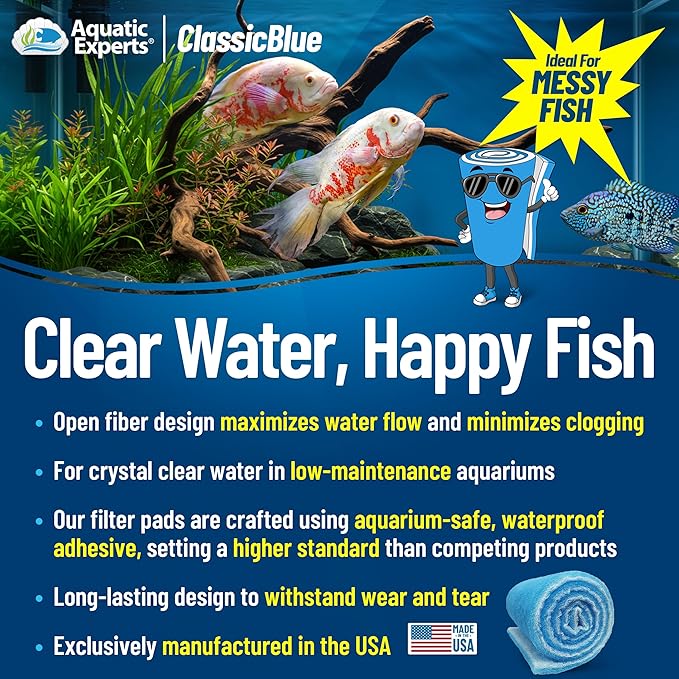 Aquatic Experts Classic Bonded Aquarium Filter Pad -12 Inches by 72 Inches by .75 Inch - Blue and White Aquarium Filter Media Roll Bulk Can Be Cut to Fit Most Filters, Made in USA