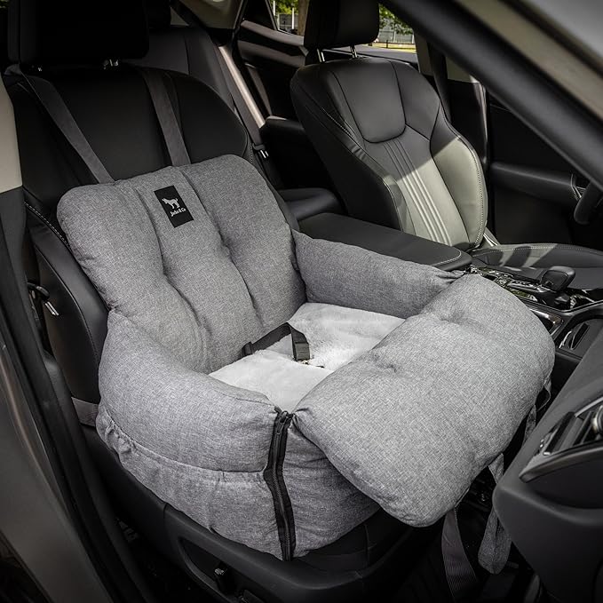 JACKO & CO Premium Dog Car Seat – Safe & Cozy Travel Bed Carrier for Small Dogs, Puppies, Pets, Clip-On Leash, Storage Pockets, Water-Resistant, Machine Wash (Grey, Removable - Medium (1-25lbs))