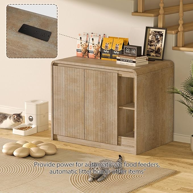 Cat Litter Box Enclosure for Automatic Litter Box, Litter Box Enclosure with Litter Collector and Power Outlet, Large Cat House with Adjustable Shelf for Dog Proof, Side Table, Natural