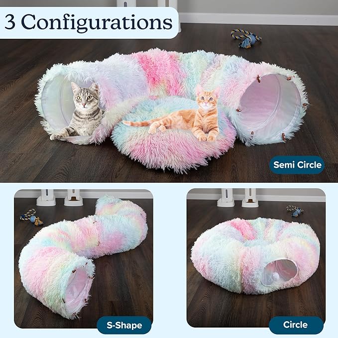 Cat Tunnel with Bed for Indoor Cats - 3FT Multifunctional Cat Tunnel Bed with Toys - Soft, Plush Peekaboo Cat Cave for Kittens, Cats, Ferrets, and Rabbits - Cat Products by PETMAKER (Multi)