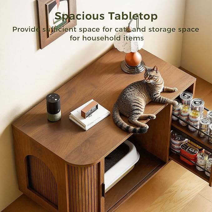 IRONCK Cat Litter Box Enclosure with Sliding Tambour Door – Wooden Hidden Cat House Furniture with 2-Layer Drawer, Side End Table for Living Room, Brown