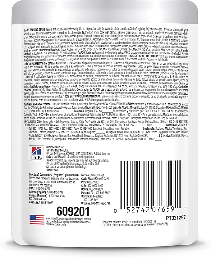 Hill's Science Diet Adult Perfect Weight Wet Dog Food, Vegetables & Salmon Stew, 2.8 oz. Pouches, 24-Pack