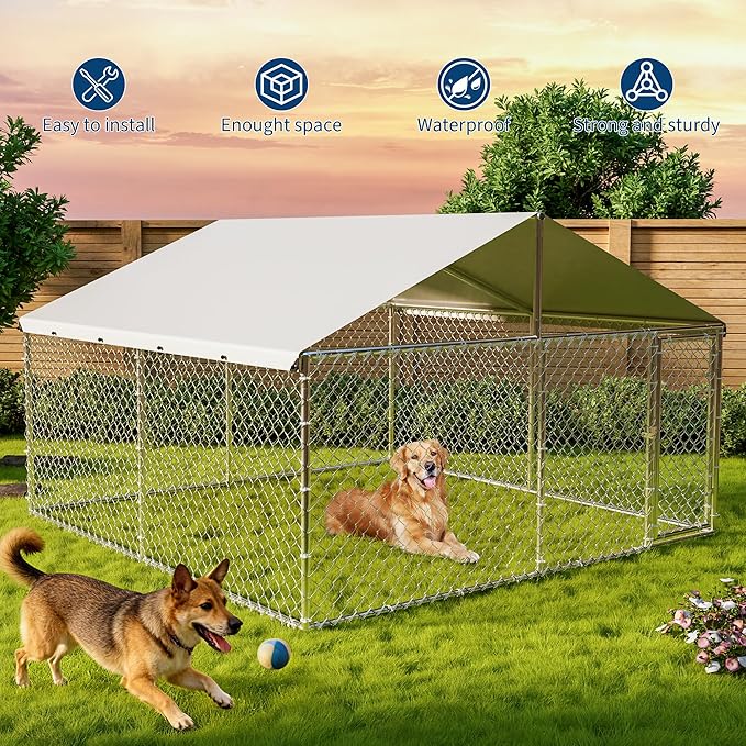 GarveeHome 10X10x6 FT Large Outdoor Dog Kennel, Dog Kennel Outside with Roof, Dog Enclosure with Waterproof & UV-Resistant Cover ＆ Reinforced Galvanized Steel for Yard, Farm Use