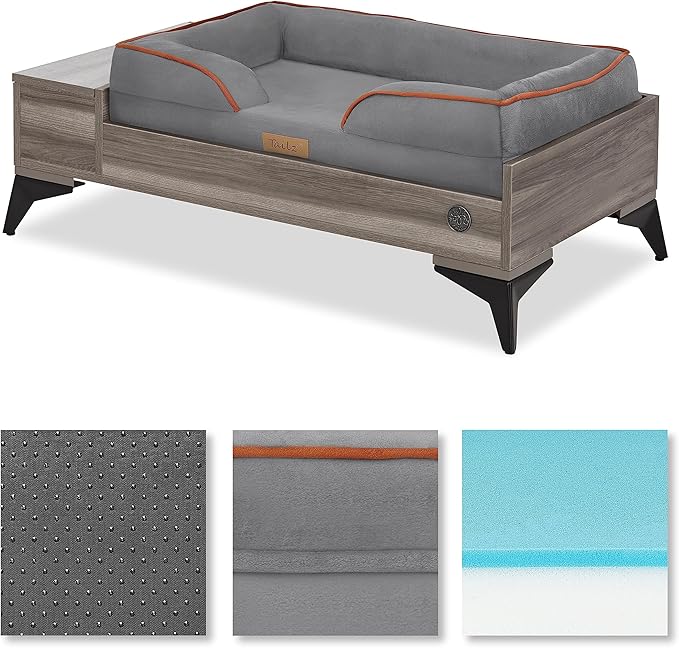 Wooden Dog Bed with Mattress, Small to Medium Elevated, Water Resistant Pet Bed, Wooden Pet Bed with Storage, Greenguard Gold Certified, Machine Washable Cover, Smokey Grey, Wyatt - TailZzz
