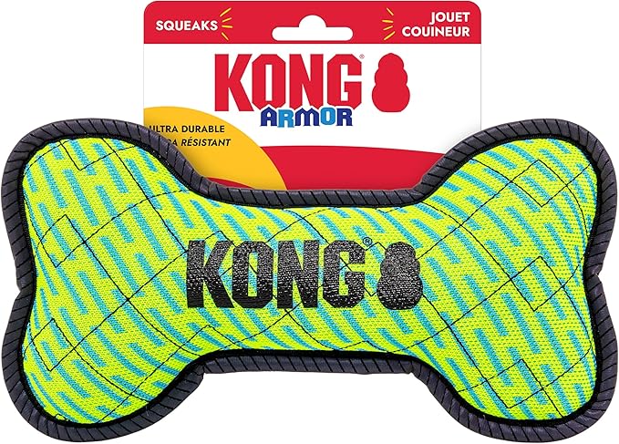 KONG Armor Bone Dog Toy – Medium – Durable Triple-Layered Fabric with Reflective Trim & Squeaker – Assorted Colors – Ideal for Chewing, Fetching & Tugging (Bone, Medium)