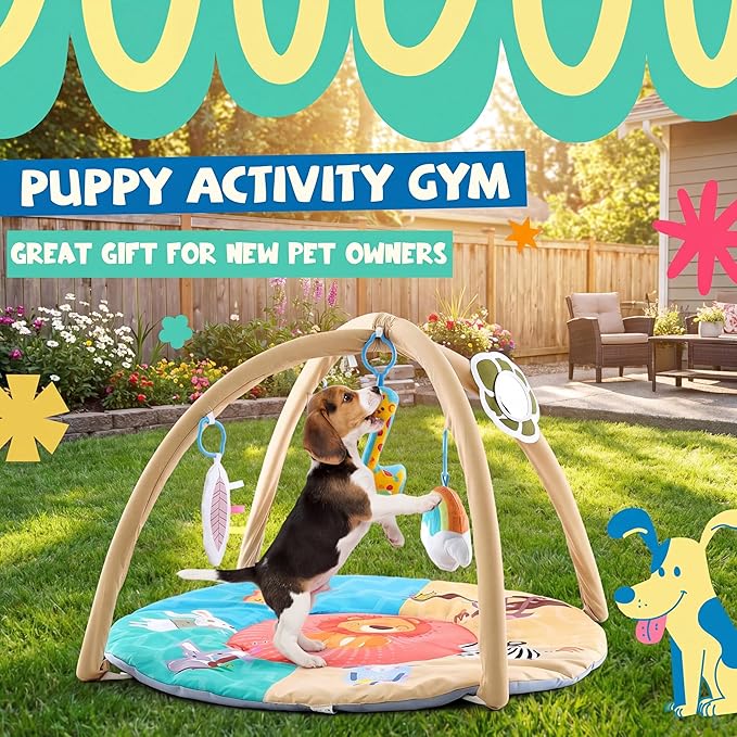 Puppy Play Gym, Dog Cat Activity Mat with Squeaky Toys, Interactive Sensory Mat for Pets, 30 x 30 x 20 Inch, Suitable for Dogs Cats Exercise Napping