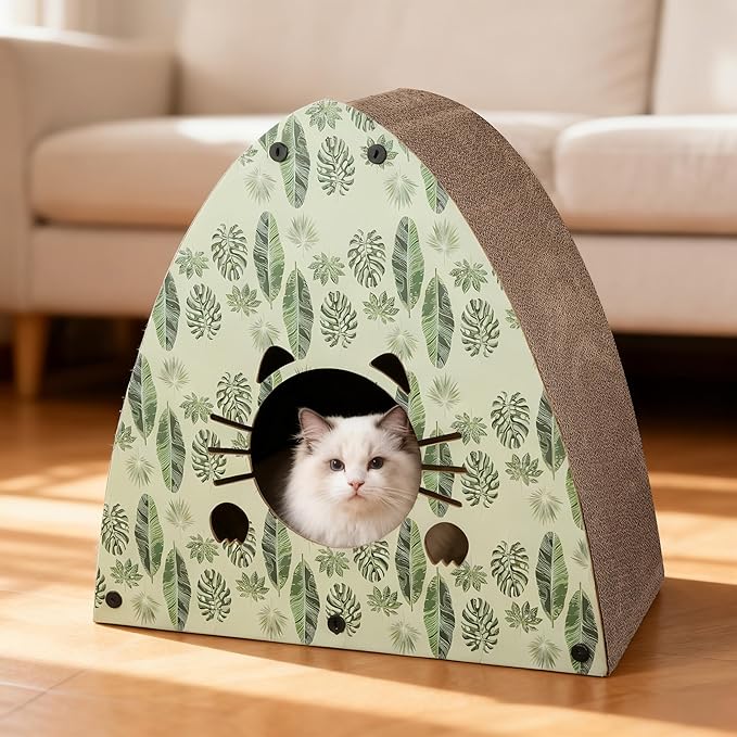 CSR1006E Koko 19" Modern Cardboard Triangle Cat Cave Scratcher with Catnip, Mint/Green, 2-in-1 Corrugated Cat House Hideaway & Scratching Board, Durable Furniture Protector