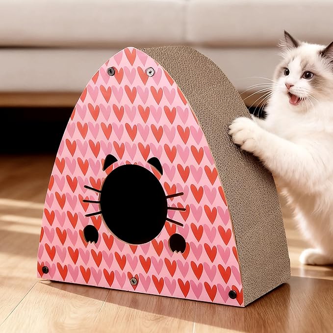 CSR1006C Koko 19" Modern Cardboard Triangle Cat Cave Scratcher with Catnip, Pink/Red, 2-in-1 Corrugated Cat House Hideaway & Scratching Board for Cats, Durable Furniture Protector