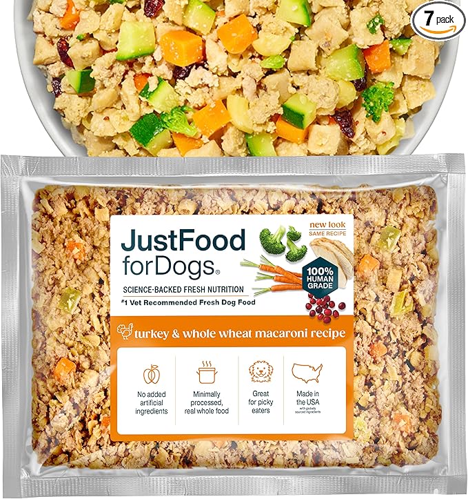 JustFoodForDogs Frozen Fresh Dog Food Toppers and Meals, Human Grade, Balanced Fresh Pet Meal or Topper, No Preservatives, Limited Ingredient Recipe, Turkey & Whole Wheat Macaroni 18 oz - 7 Pack