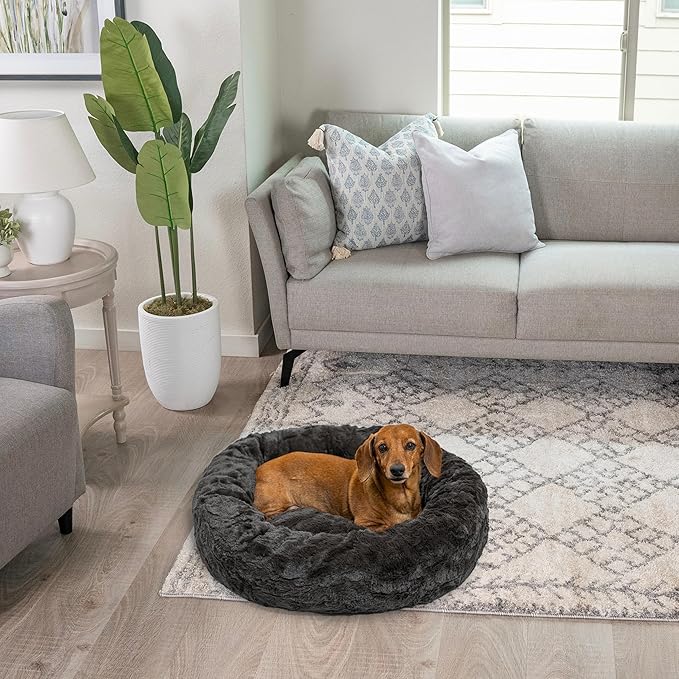 Best Friends by Sheri The Original Calming Donut Dog Bed for Small Dogs up to 25 lbs, Lux Faux Fur, Mink Dark Gray, 23" x 23"