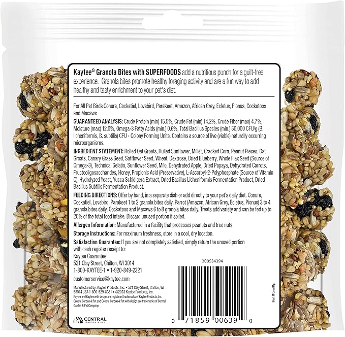 Kaytee Granola Bites with Super Foods Granola Bites and Flax for Pet Birds Conure, Cockatiel, Lovebird, Parakeet, Amazon, African Grey, Ecletus, Pionus, Cockatoos and Macaws, 4.50 Ounce (Pack of 2)
