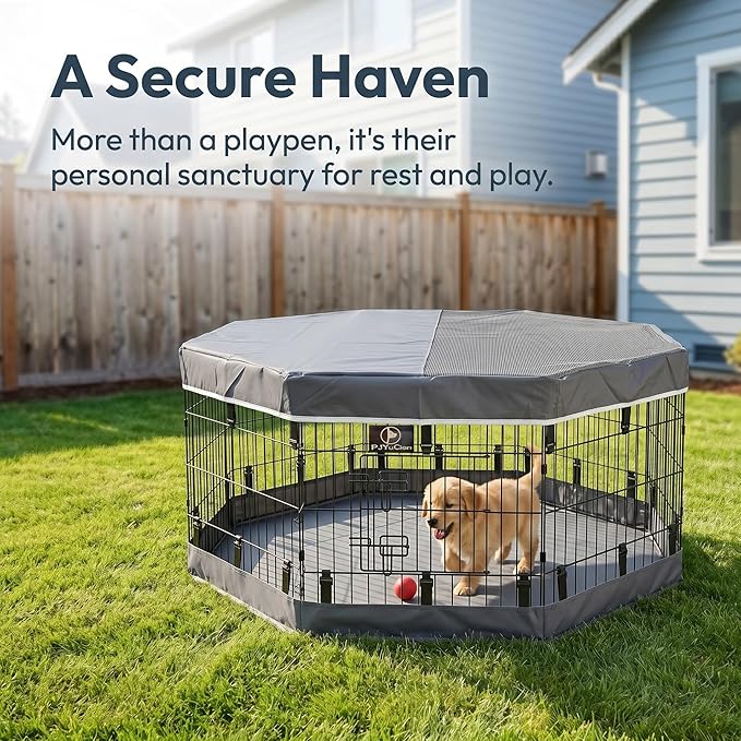 PJYuCien Dog Playpen with Top Cover and Bottom Pad - Metal Foldable Exercise Pen, 8 Panels 24" H x 24" W Indoor Outdoor Pet Fence Puppy Crate Kennel, Gray