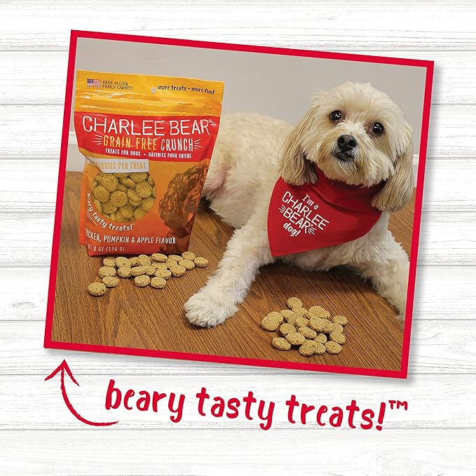 Charlee Bear Crunch Grain Free Dog Treats, Chicken,Pumpkin and Apple, 8 Ounce Resealable Bag,Low Calorie Training Treats for Dogs,Limited Ingredient,Healthy,Crunchy Dog Snacks, Made in USA (Pack of 2)