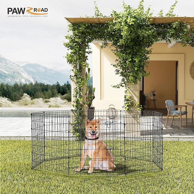 PAWZ Road Dog Playpen Foldable Metal Dog Fence with Door, Outdoor for Yard and Indoor Use Portable Design for RV and Camping- 8 Panels (24" Wide Each), 36 inch Height for Small Dogs Puppy Large Dogs