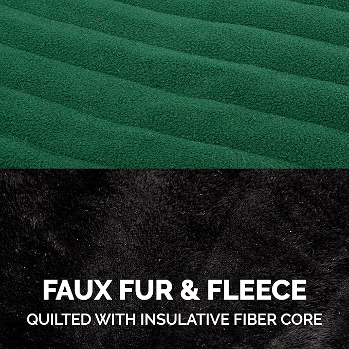 Furhaven Reversible Medium Dog Coat, Washable & Insulating w/ Leash Access - Faux Fur & Quilted Fleece Flex-Fit Jacket - Black/Green, Medium