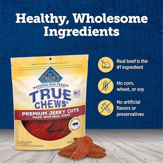 Blue Buffalo True Chews Premium Jerky Cuts Dog Treats, Made in The USA with Natural Ingredients, Beef, 30-oz Bag (Pack of 3)