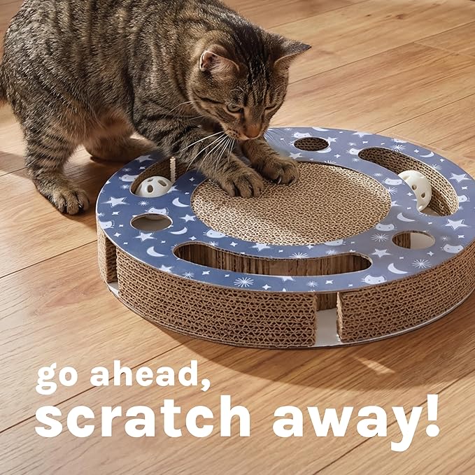 Kitty City Starry Night Corrugate Cat Scratcher with Ball Track Toy - Scratch Pad Lounger, Horizontal Corrugate Nail File Bed for Indoor Kittens, Kitty Enrichment & Play, 13” x 13”