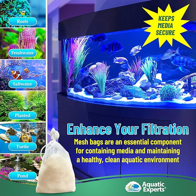 Aquatic Experts Extra Fine Aquarium Media Bag, Durable Drawstring Bags for Fish Tank Filters,150 Micron Mesh, (Extra Fine, 5" x 9" - 4 Pack)